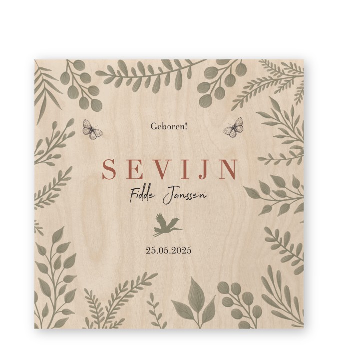 Houten botanisch geboortekaartje Sevijn