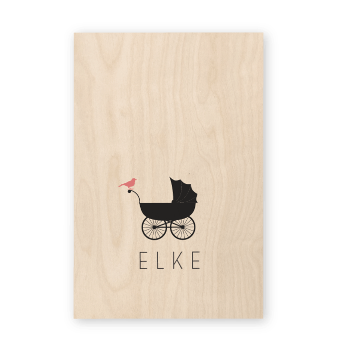 Geboortekaartje hout vintage kinderwagen Elke