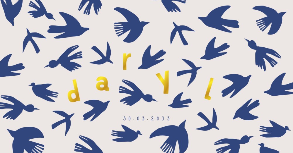 uniek patroon abstracte getekende vogeltjes geboortekaartje. Trend 2026 met goudfolie