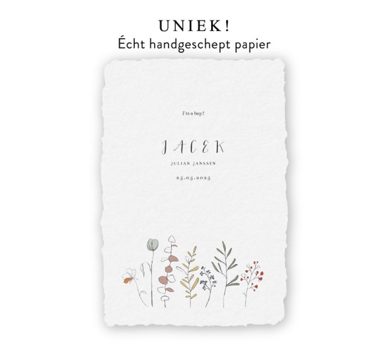 Geboortekaartje handgeschept bloemetjes