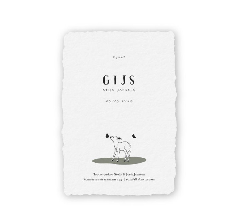 Geboortekaartje handgeschept papier getekend hertje - Gijs