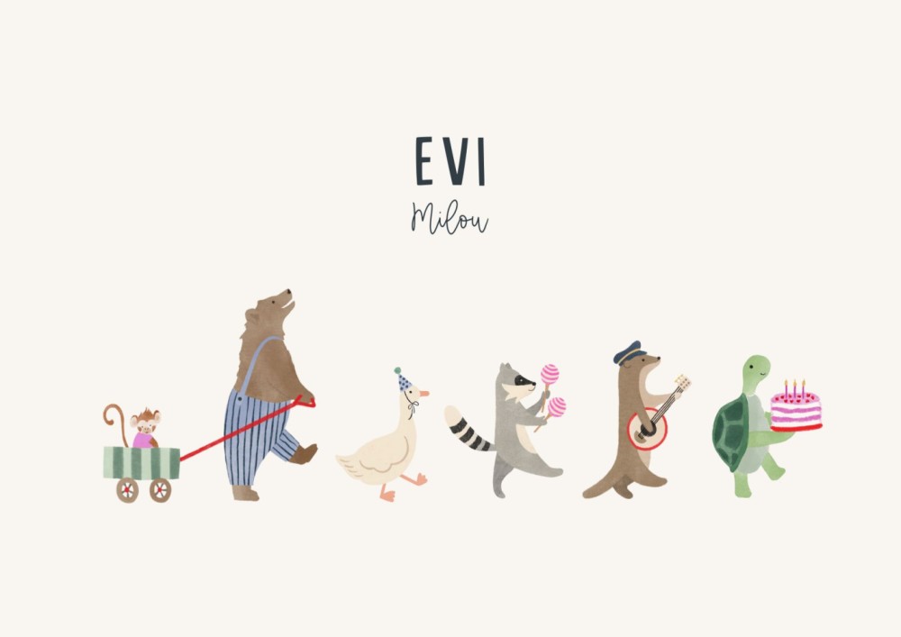 Geboortekaartje Evi Optocht Dieren dubbel - Froukje den Nijs