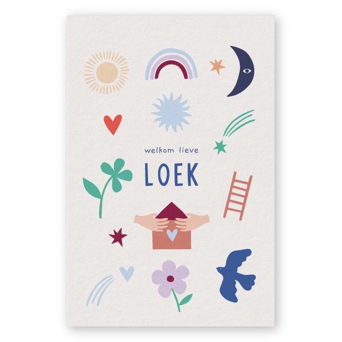 Geboortekaartje kleurrijke symbolen Loek - Froukje den Nijs