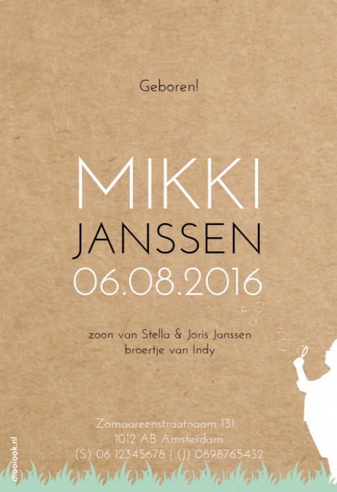 Geboortekaartje Kraft karton silhouetje bellenblaas - Mikki