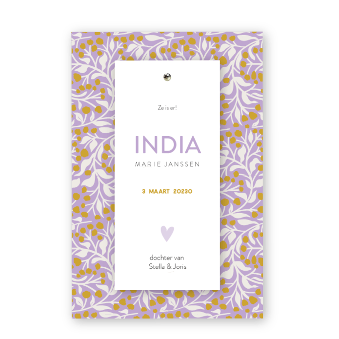 Geboortekaartje label splitpen seventees patroon lila India