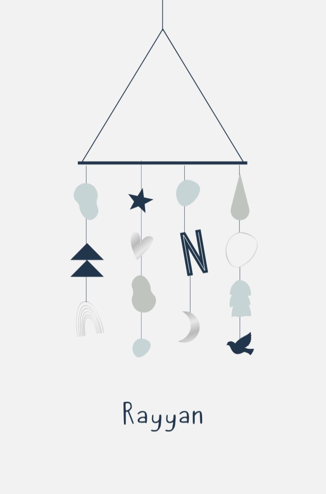 moden geboortekaartje baby mobiel zilver folie jongen