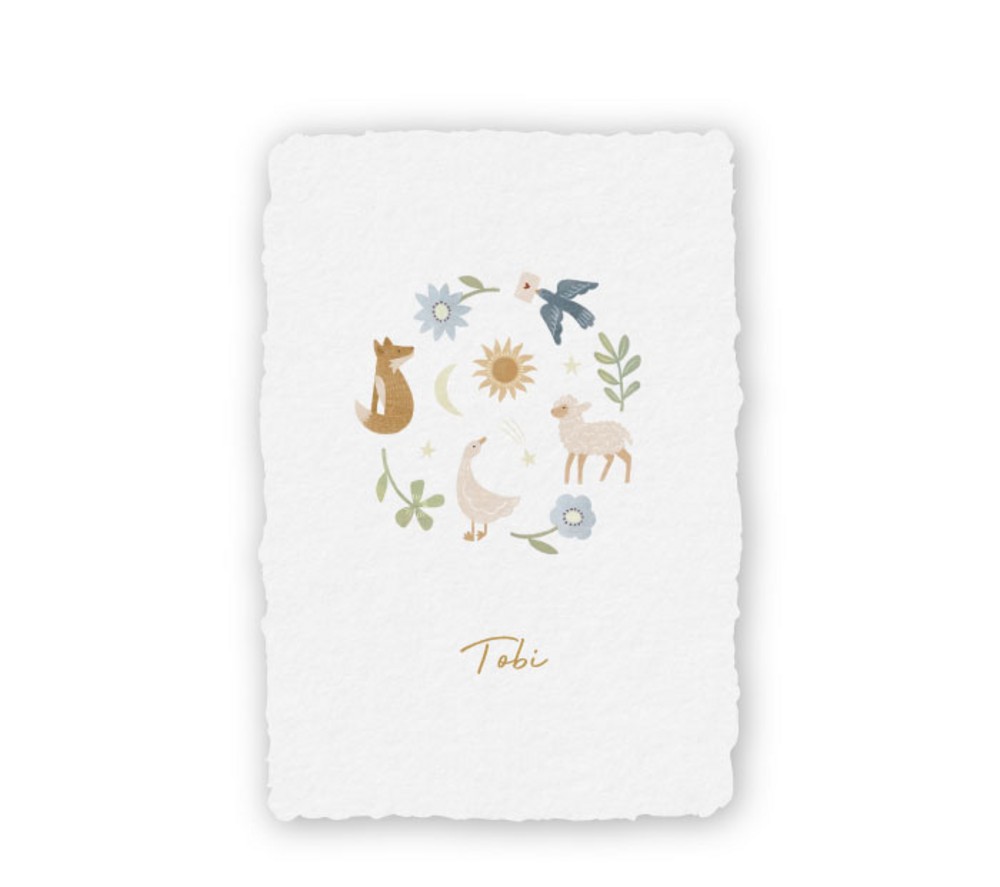 Geboortekaartje Tobi met waterverf dieren op handgeschept papier