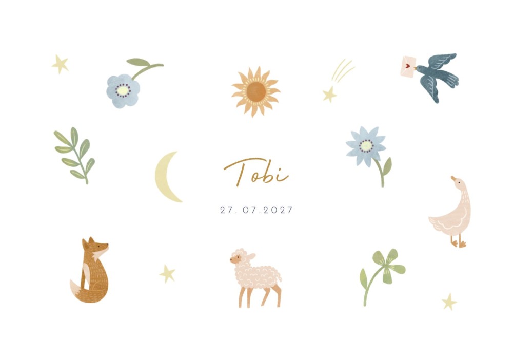 Geboortekaartje Tobi met waterverf dieren