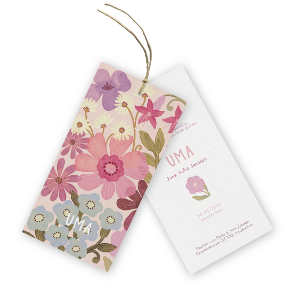 Geboortekaartje labels Uma waterverf bloemen - Froukje