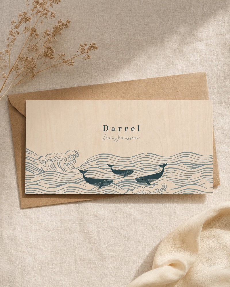 Geboortekaartje hout walvis Darrel