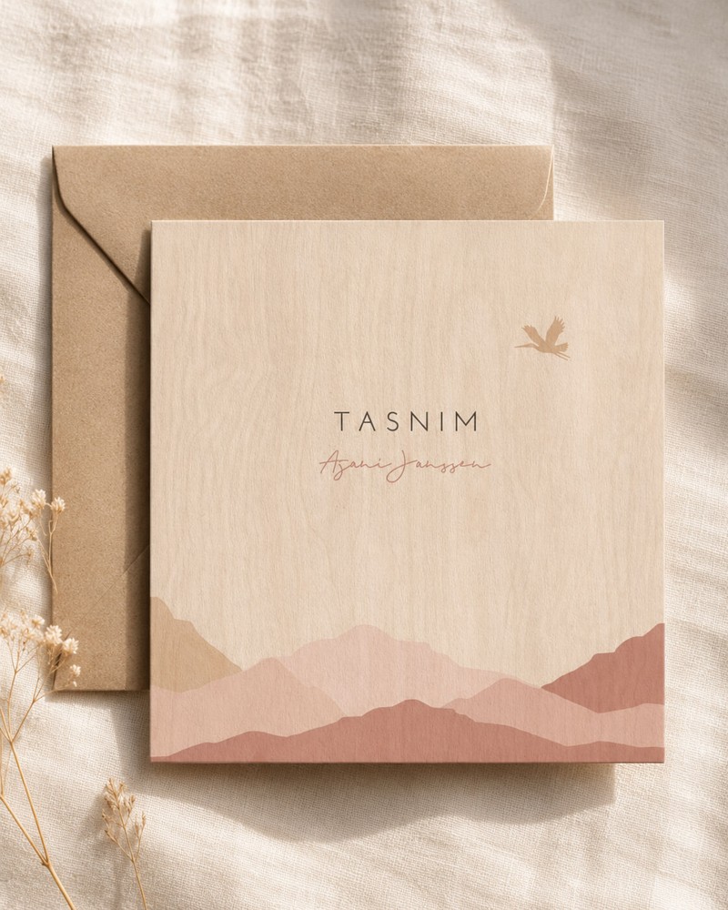 Geboortekaartje hout bergen Tasnim