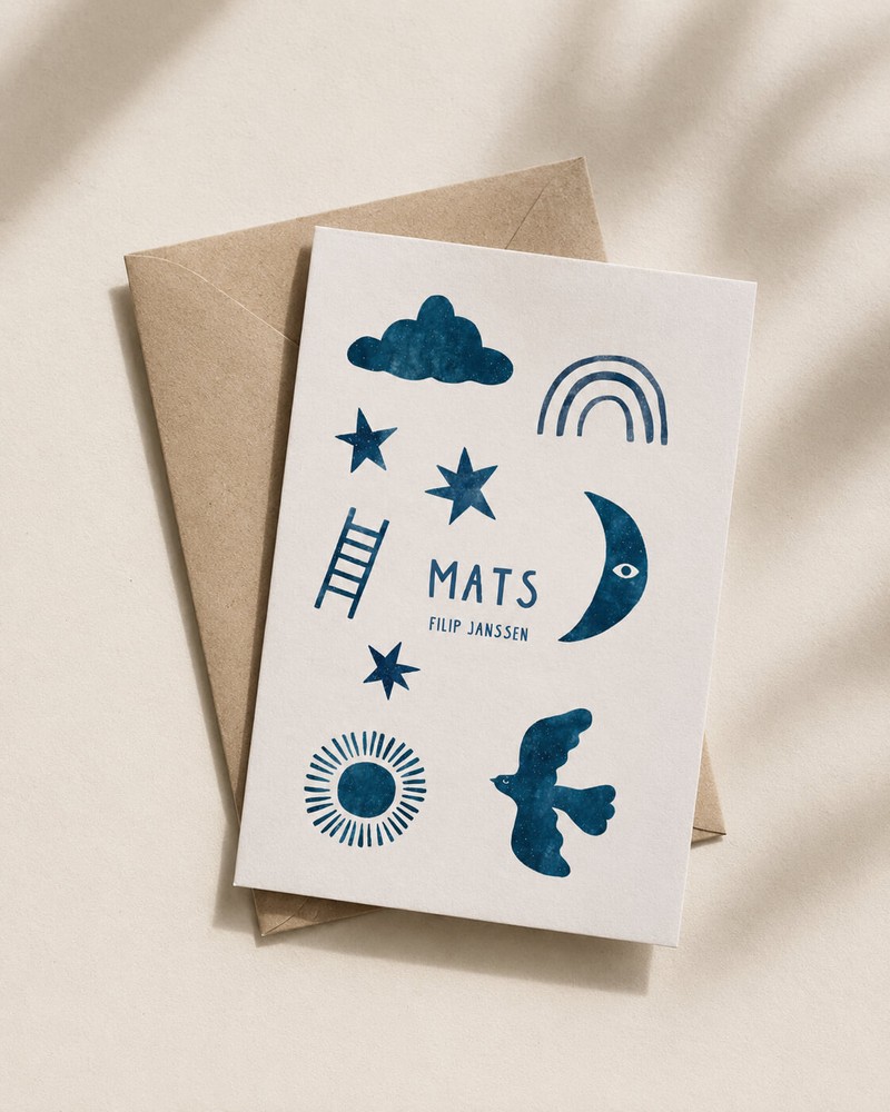 Geboortekaartje Mats symbolen Blauw  - Froukje den Nijs