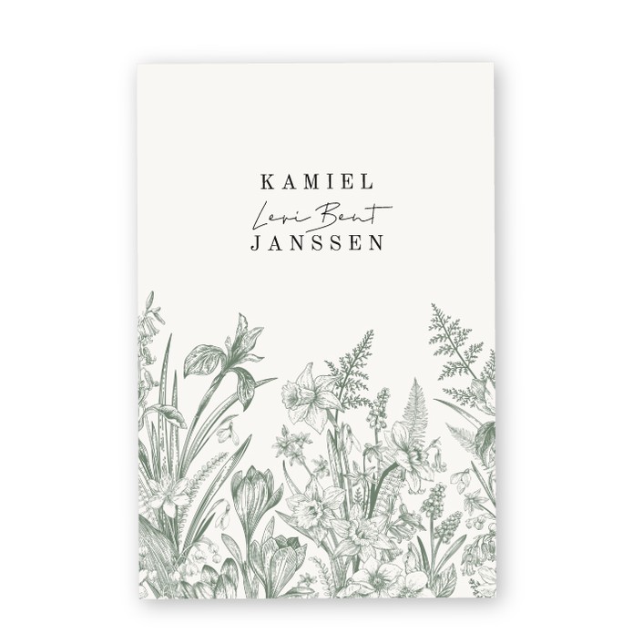 Geboortekaartje groene bloemen Kamiel