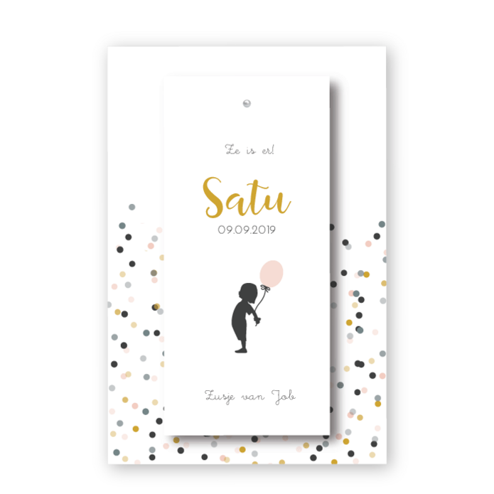 Geboortekaartje label klembord splitpen Satu