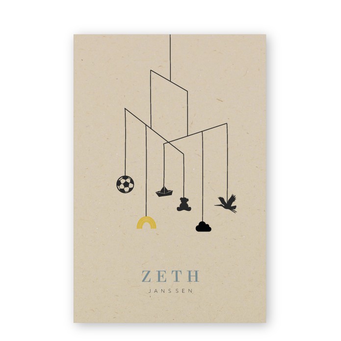 baby mobiel geboortekaartje met regenboog voetbal en knuffel