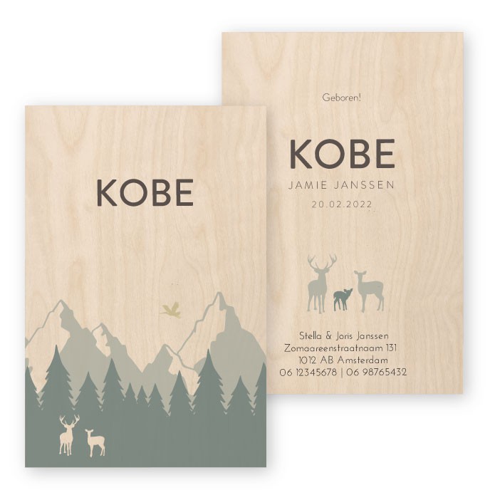 Geboortekaartje echt hout Kobe