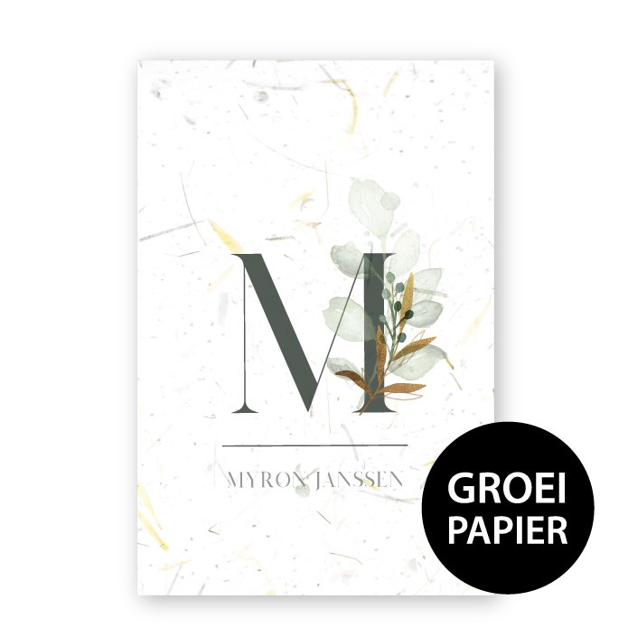 Geboortekaartje groeipapier goud waterverf letter Myron