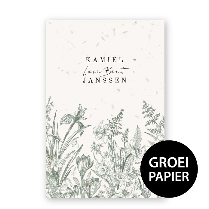 Geboortekaartje groeipapier wilde groene bloemen Kamiel