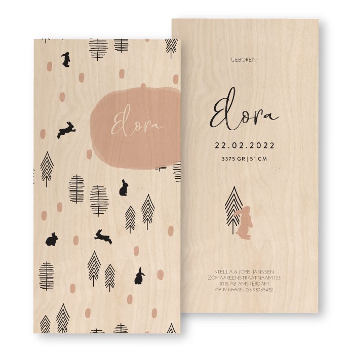 Geboortekaartje hout bos met konijntjes Elora