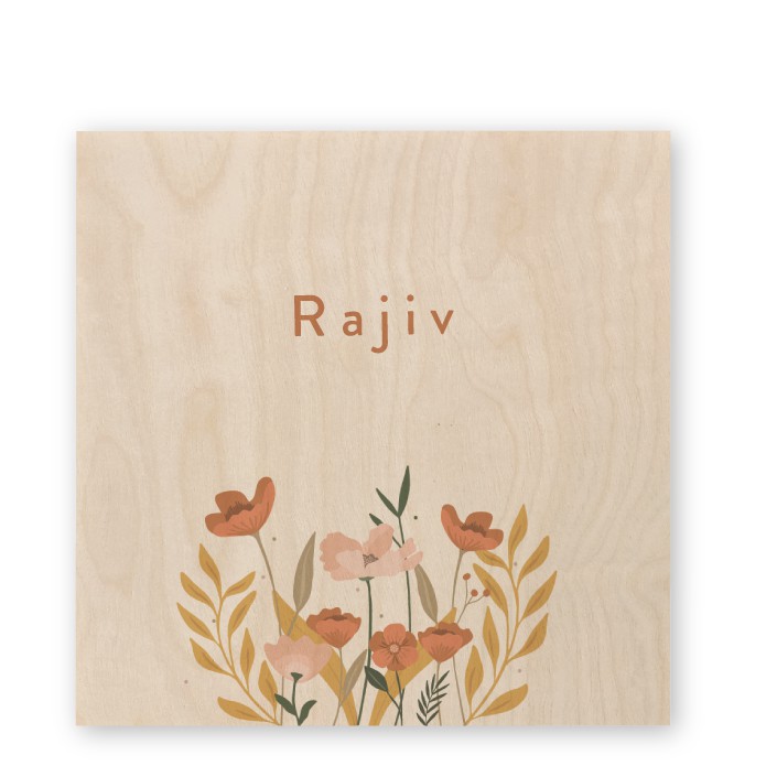 Geboortekaartje hout botanisch bloemen Rajiv