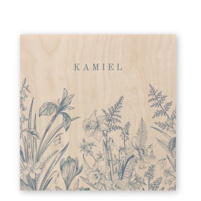 Geboortekaartje hout wilde bloemen vierkant Kamiel