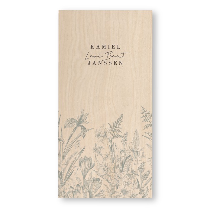 Geboortekaartje hout wilde bloemen staand Kamiel
