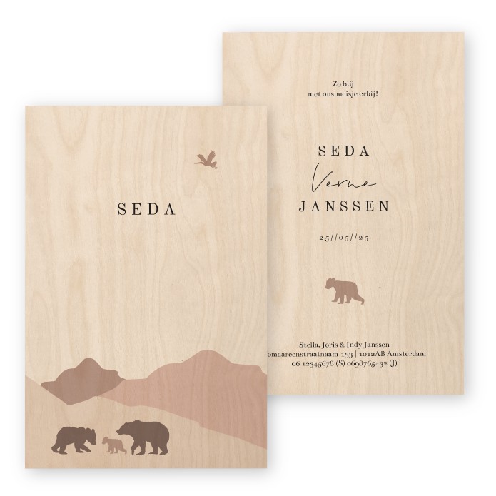 Geboortekaartje hout bergen Seda
