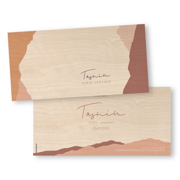 Houten geboortekaartje abstract landschap Tasnim