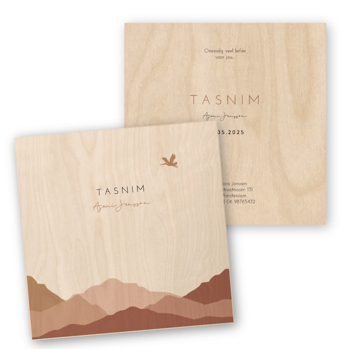 Geboortekaartje hout bergen Tasnim