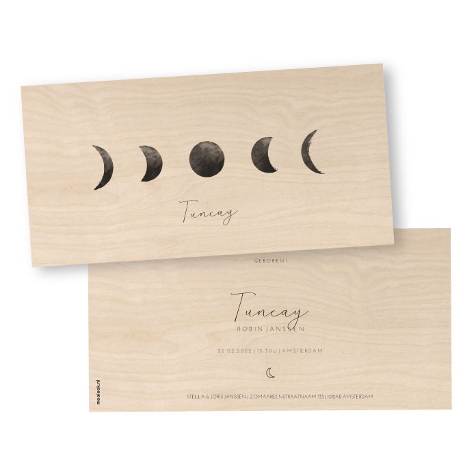 Geboortekaartje hout maanfases Tuncay