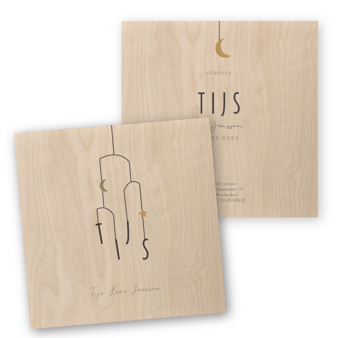 Houten geboortekaartje babymobiel Tijs