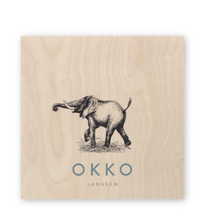 Geboortekaartje hout olifant Okko
