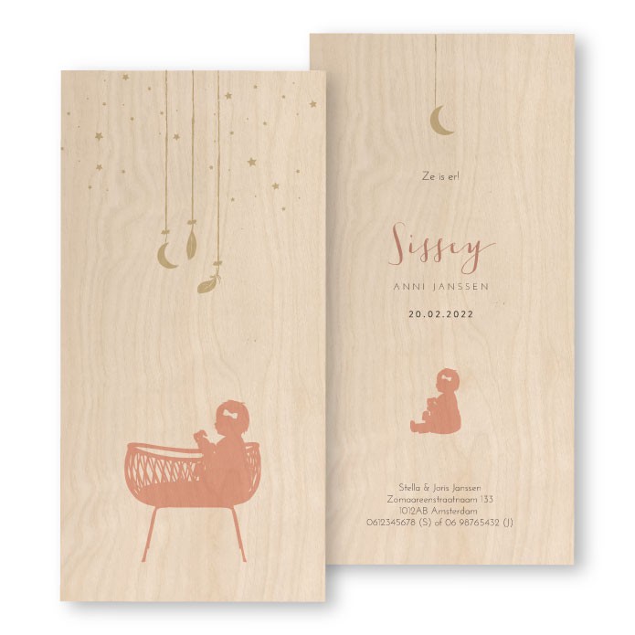 Geboortekaartje hout rotan wieg Sissey