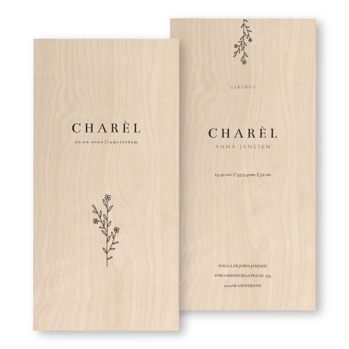 Geboortekaartje hout Charel