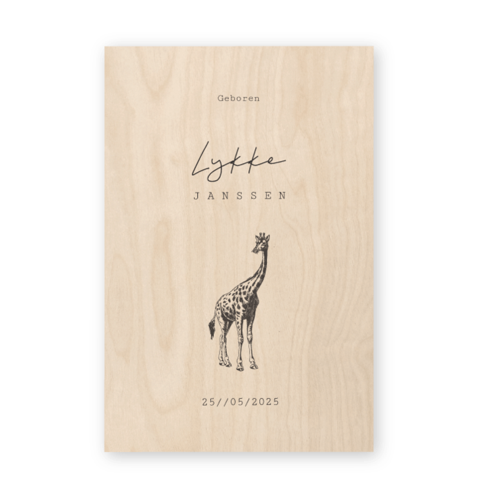 Geboortekaartje hout giraf Lykke