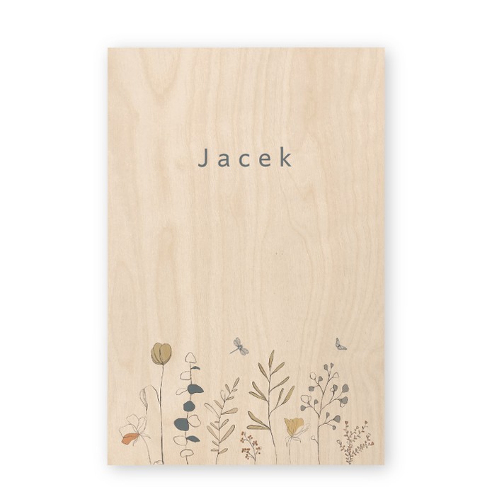 Geboortekaartje hout getekende bloemen Jacek