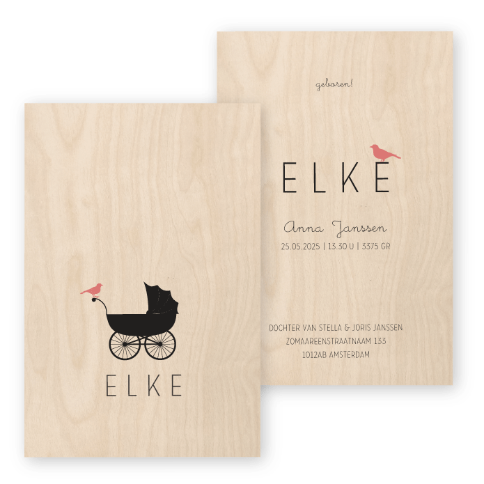 Geboortekaartje hout vintage kinderwagen Elke