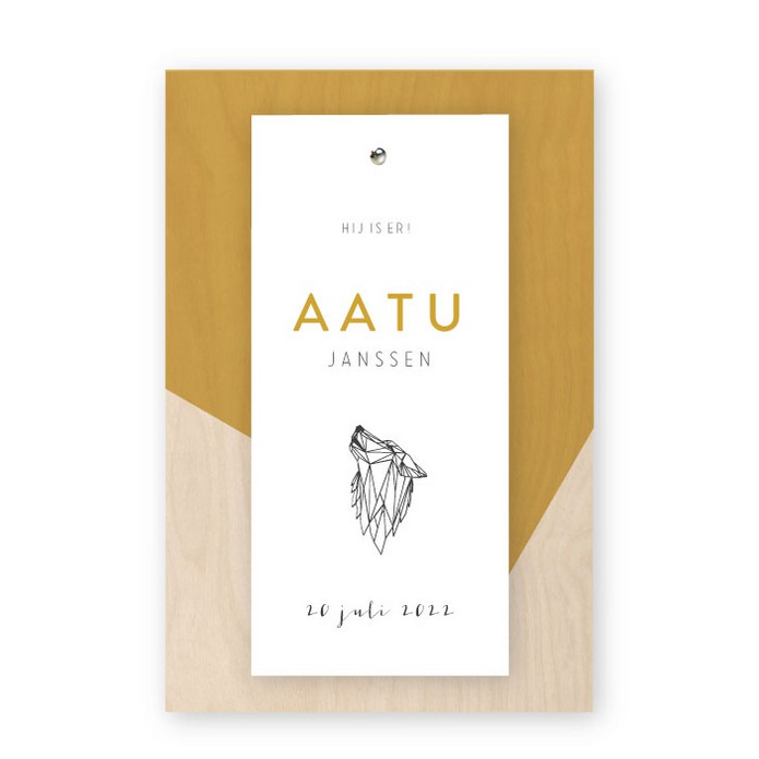 Geboortekaartje hout labels wolf Aatu