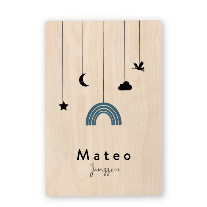Geboortekaartje hout Mateo regenboog
