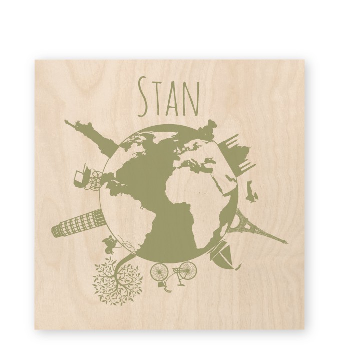 Geboortekaartje hout wereldbol  Stan