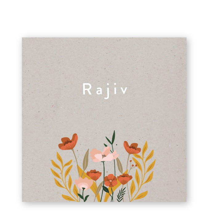 Geboortekaartje grijs kraft karton botanisch bloemen Rajiv