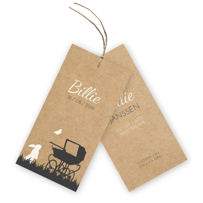 Geboortelabels kraft retro kinderwagen en konijntjes Billie