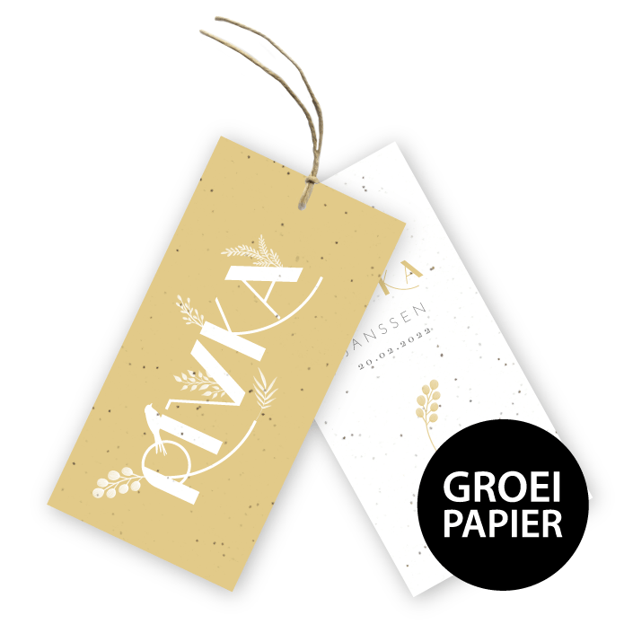 Geboortekaartje label groeipapier Rivka