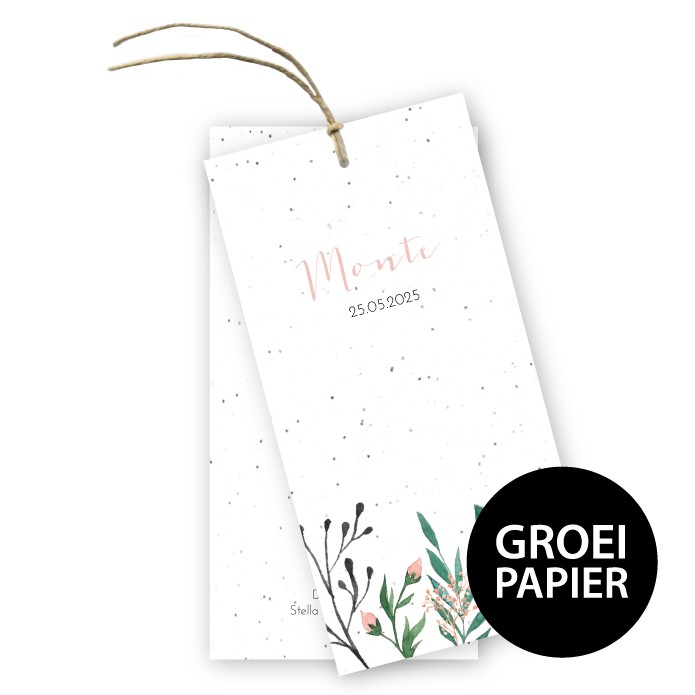 Geboortelabel groeipapier botanisch waterverf takjes Monte