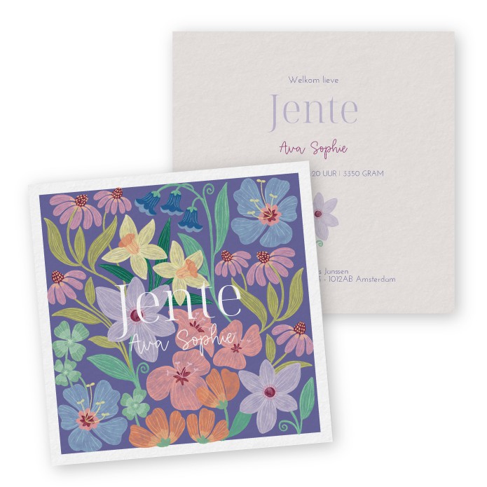 Geboortekaartje bloemen Jente Blauw Paars - Froukje den Nijs
