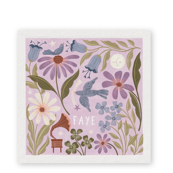 Geboortekaartje Faye bloemen patroon lila- Froukje den Nijs