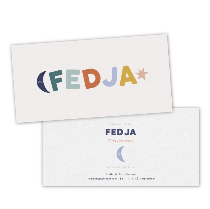 Geboortekaartje Fedja vrolijke letters - Froukje den Nijs