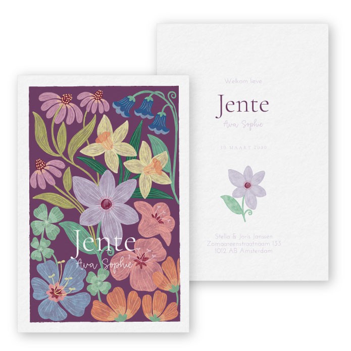 Geboortekaartje Jente aquarel bloemen - Froukje den Nijs