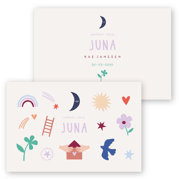 Geboortekaartje kleurrijke symbolen Juna - Froukje den Nijs