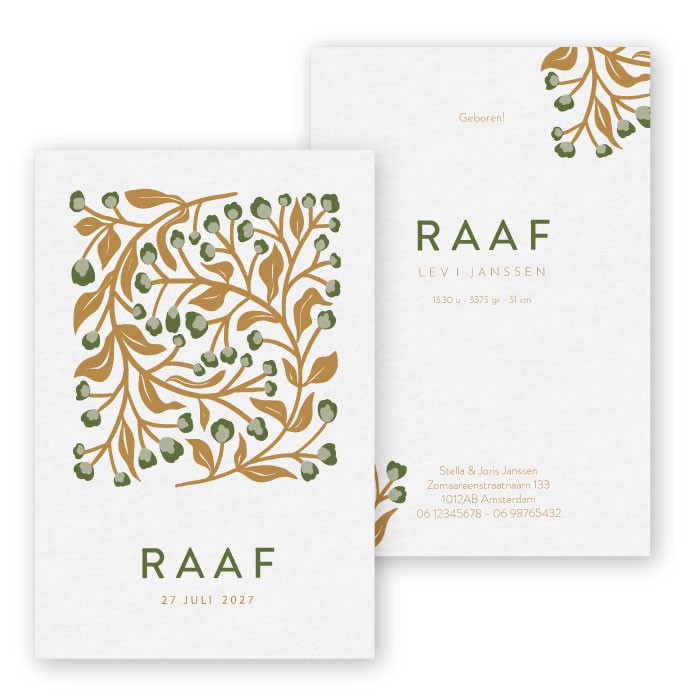 Geboortekaartje retro seventees bloemen kader - Raaf